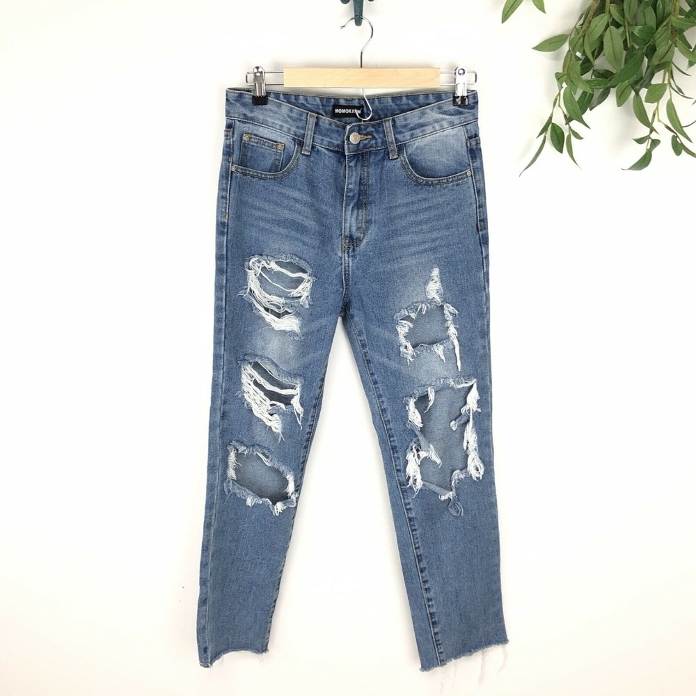 Momokrom High Rise Skinny Distressed Raw Hem Jeans